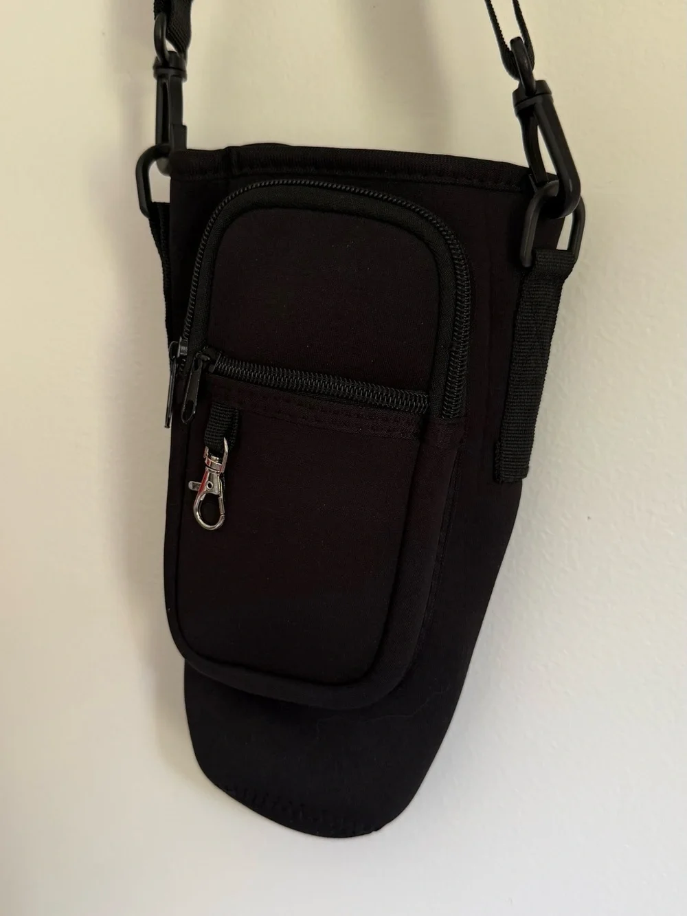 Black Crossbody Water bottle Sling Bag with zippered phone pocket and key ring